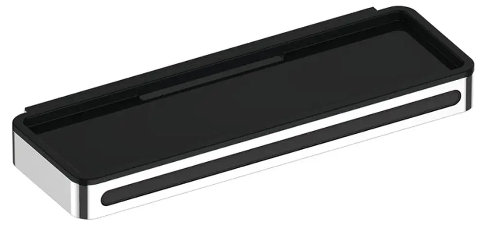 Duschkorb in verchromtem Metall mit Schwarzgrau-Elementen von Keuco. Flaches, rechteckiges Design mit Platz für einen Glasabzieher.
